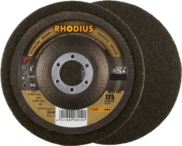 Rhodius 305303 Rhodius VKSG WS, 2 pieces of nonwoven compact disc 125 x 22.23 mm, straight, 4S-very fine, Topline, Made in Germany, for stainless steel, steel and non-ferrous metals 125 mm 2 pc(s)