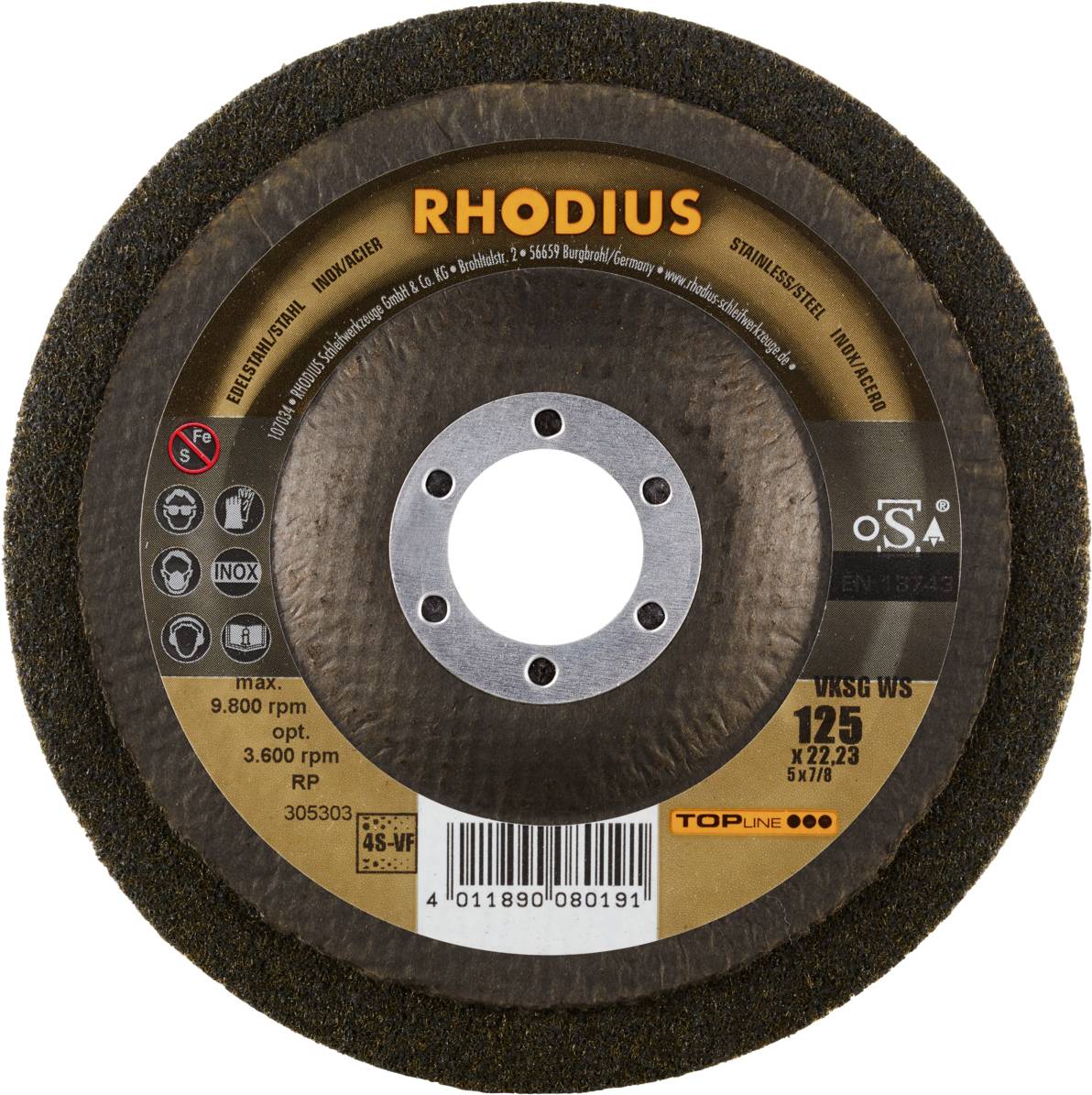 Grinding disc with 'RHODIUS' inscription, diameter 125 mm, bore 22.23 mm. Suitable for stainless steel and metal, maximum speed 9,800 rpm.