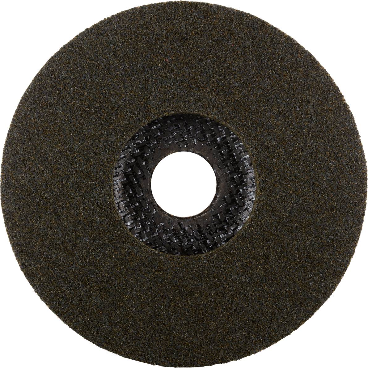 Black grinding disc with central opening, used for smoothing or removing material surfaces, against a white background.