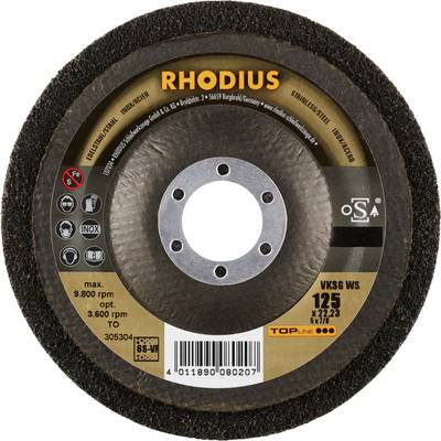 Rhodius grinding disc, model VKSG WS 125, maximum speed 9,800 rpm. Suitable for stainless steel, with 22.23 mm bore hole.