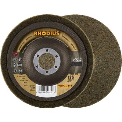 'RHODIUS' Grinding Discs, 125 mm diameter, for stainless steel and metal processing, with safety and product information on the label.
