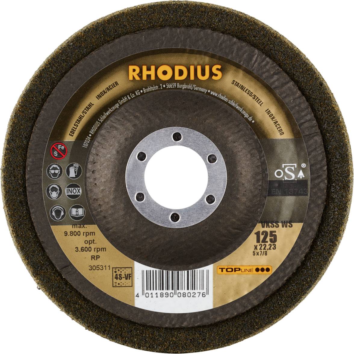 Grinding disc with 'RHODIUS' marking, 125 mm diameter, for stainless steel processing, maximum speed 9,800 rpm.