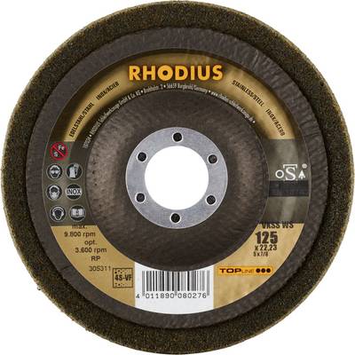 Grinding disc with 'RHODIUS' marking, 125 mm diameter, for stainless steel processing, maximum speed 9,800 rpm.