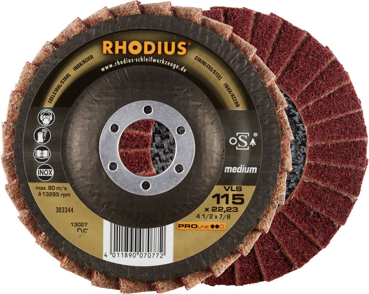 'RHODIUS Cutting Disc VLS 115 x 22.23 mm' in close-up. Suitable for stainless steel processing, maximum rotational speed 13,285 rpm.