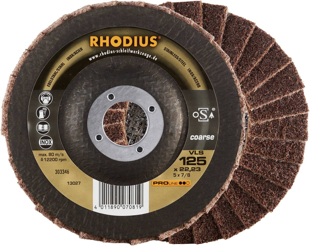 A coarse grinding pad from Rhodius with 125 mm diameter, suitable for stainless steel processing, max. 12,200 rpm.