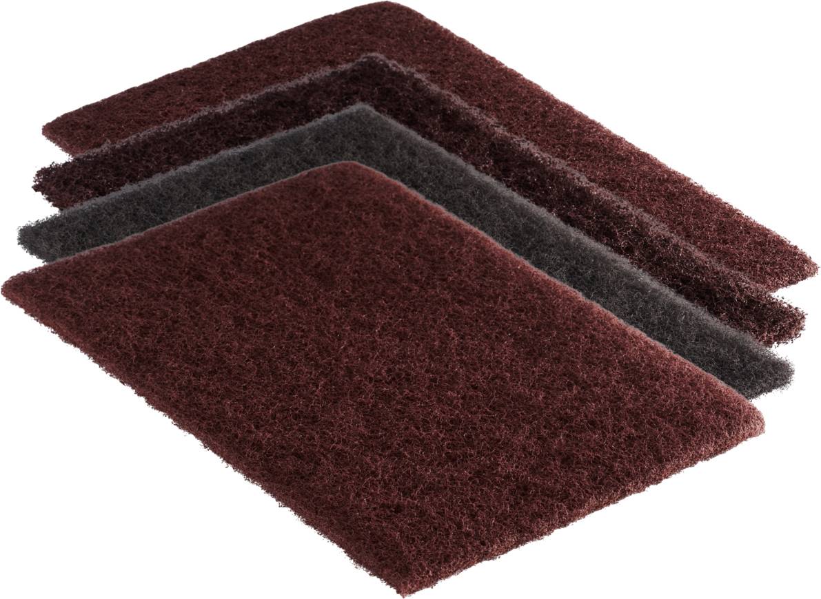 A stack of three rectangular, abrasive cleaning pads in different colours: burgundy, grey, and dark red.