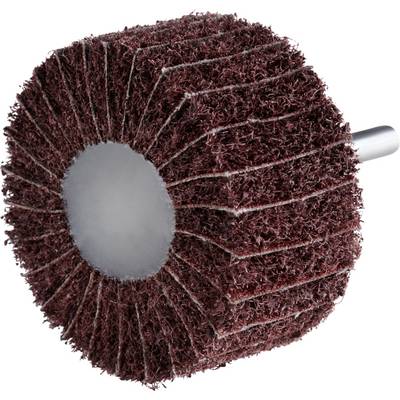 A grinding roller with brown abrasive lamellae and a metal pin in the centre, for processing or polishing surfaces.