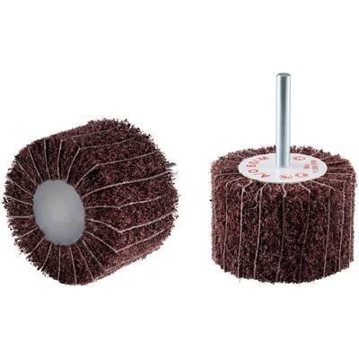 Two grinding brushes made of red abrasive fleece with metal shaft for drill machines, suitable for grinding and polishing surfaces.