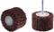 Two grinding brushes made of red abrasive fleece with metal shaft for drill machines, suitable for grinding and polishing surfaces.