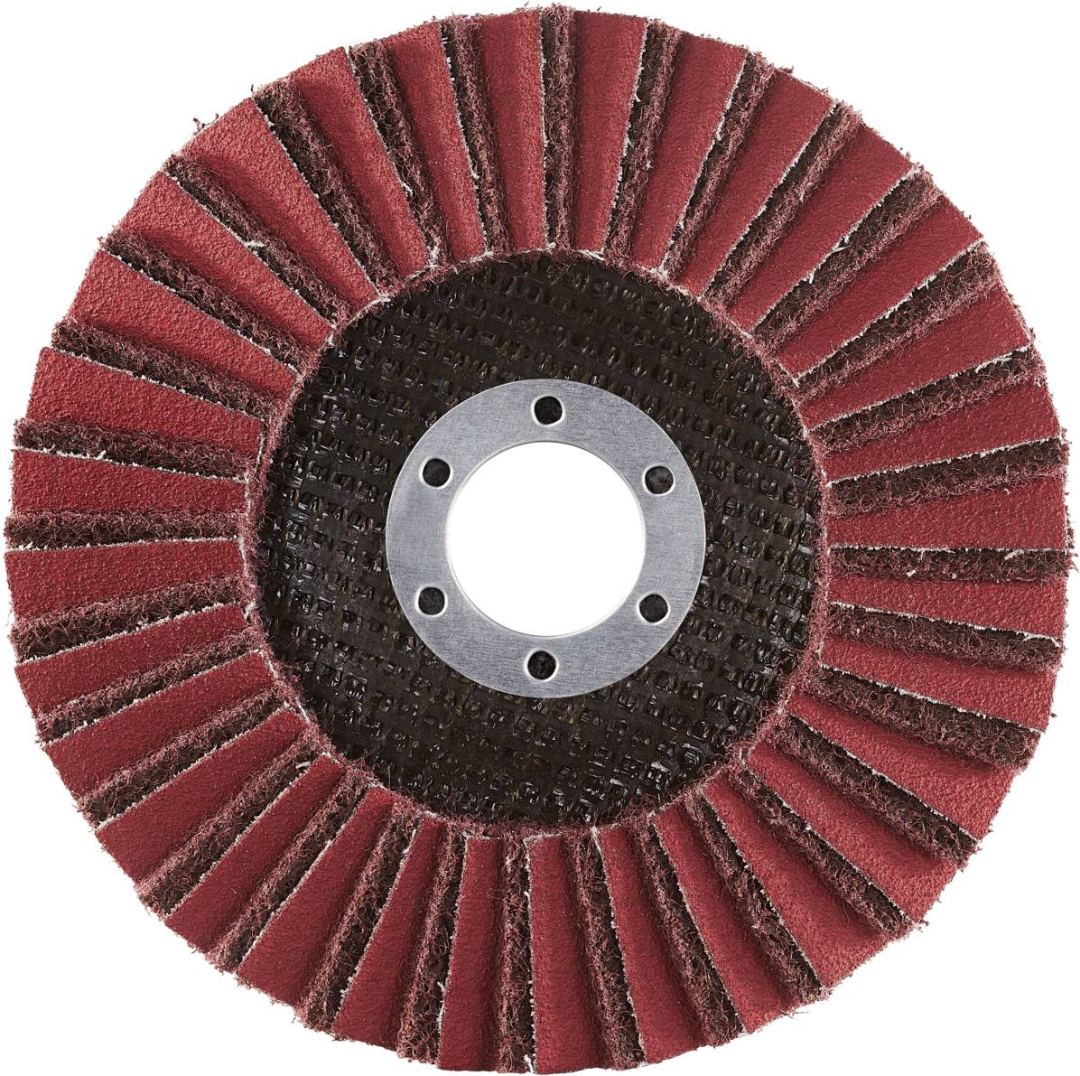 A russet-brown lamellar disc for grinding. Radial lamellae around the central fixing hole. Used for metalworking.