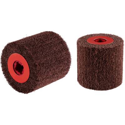 Photograph of two russet-brown grinding rollers with red inner rings, one standing upright and the other horizontal, against a white background.