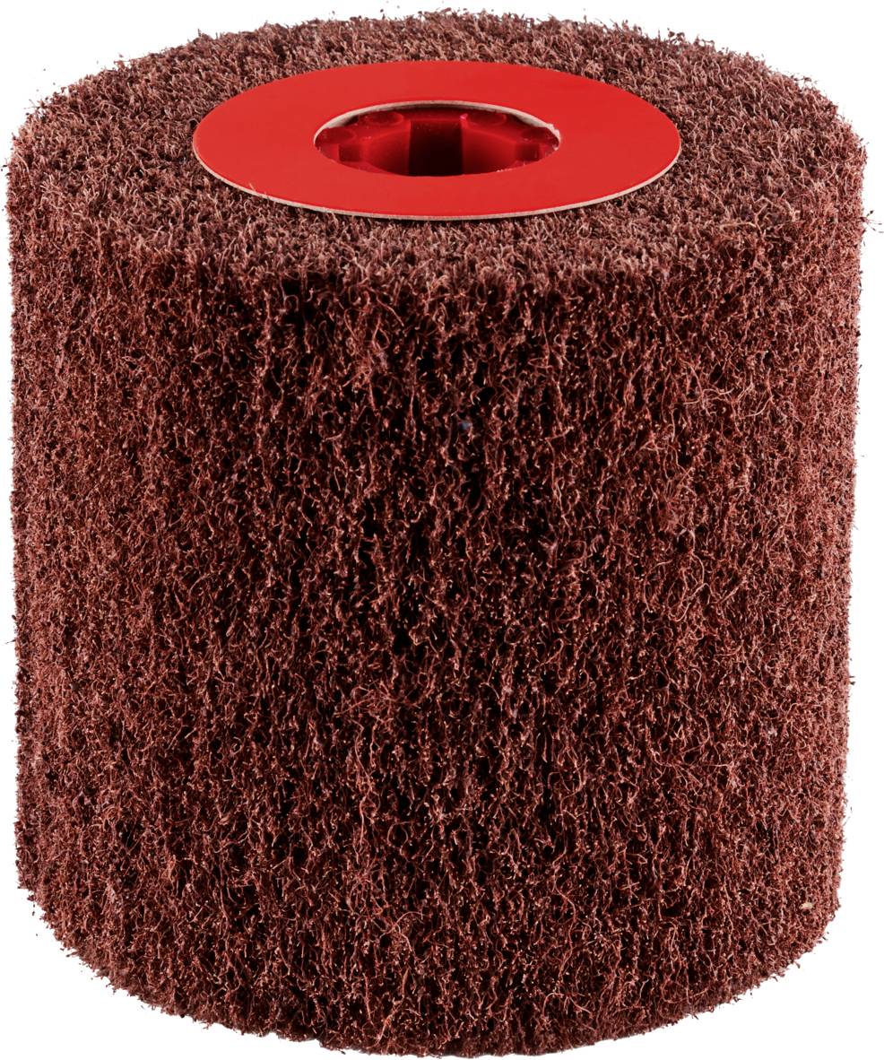 Grinding roller with a brown, fibrous surface and a red core. Suitable for polishing and grinding surfaces.