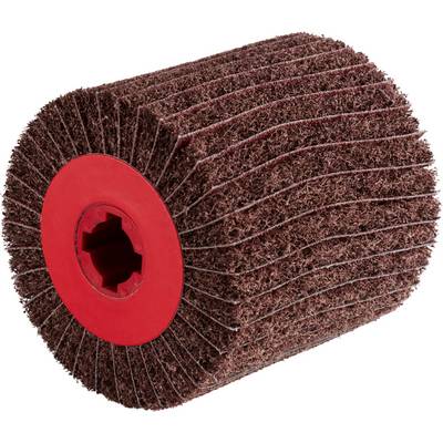 A brown grinding roller with a red plastic centre, used for deburring or polishing surfaces.