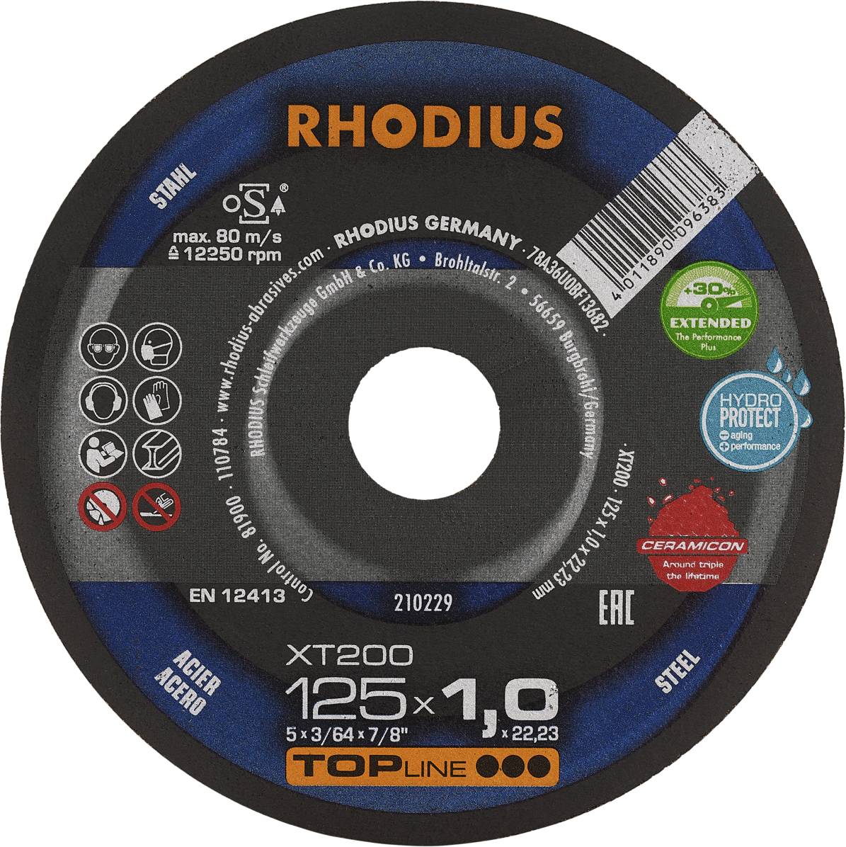 'RHODIUS' grinding disc for steel, diameter 125 mm, thickness 1.0 mm, with indication of particularly high cutting performance.