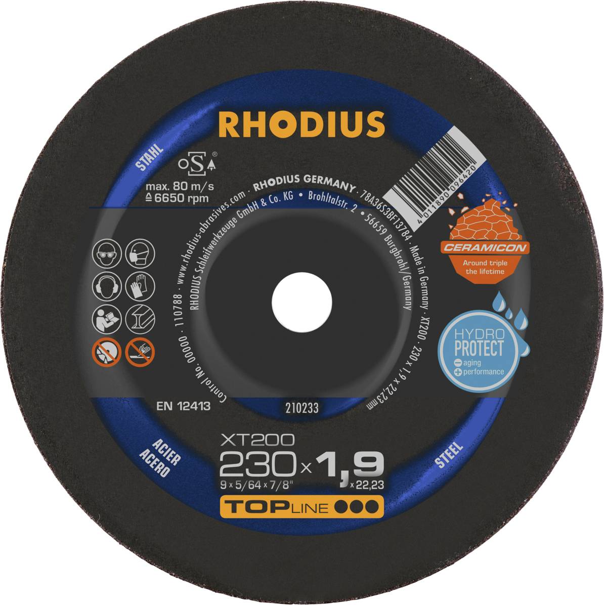 Black grinding disc, brand Rhodius, diameter 230 mm, thickness 1.9 mm, suitable for steel, with HydroProtect and Ceramicon technology.