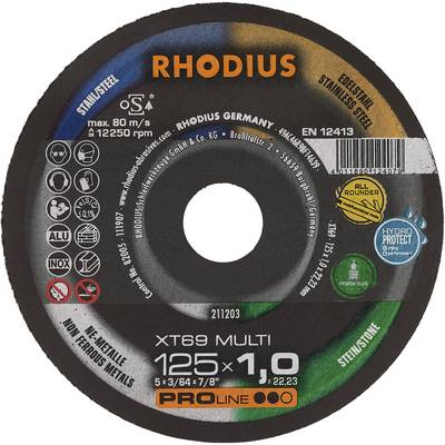 Grinding disc 'RHODIUS XT69 Multiedge', 125 x 1.0 mm, suitable for steel, stainless steel and non-ferrous metals, max. 80 m/s, EN 12413.