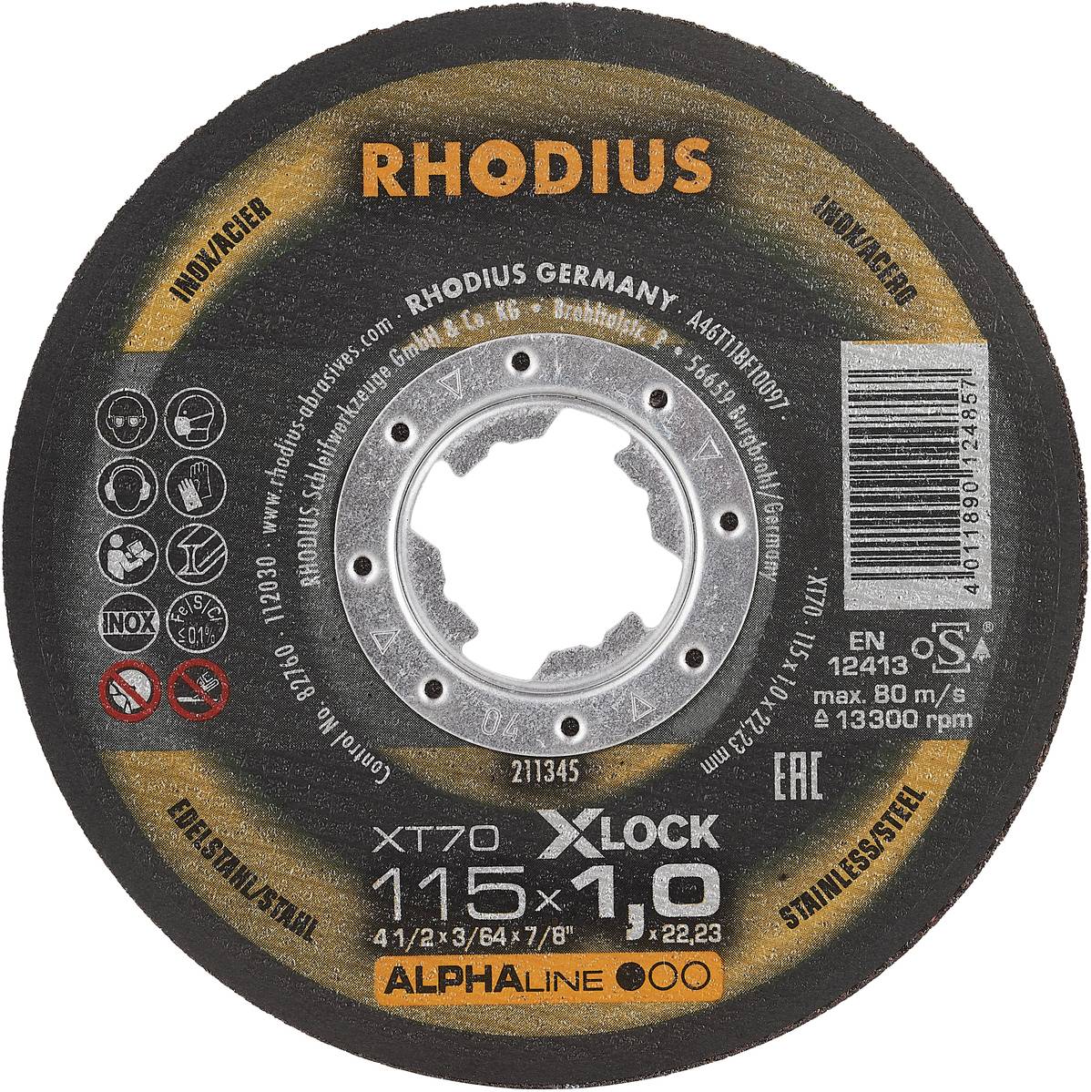 Rhodius grinding disc, model XT70, diameter 115 mm, suitable for stainless steel, maximum speed 13,300 rpm, EAN 4011890035721.