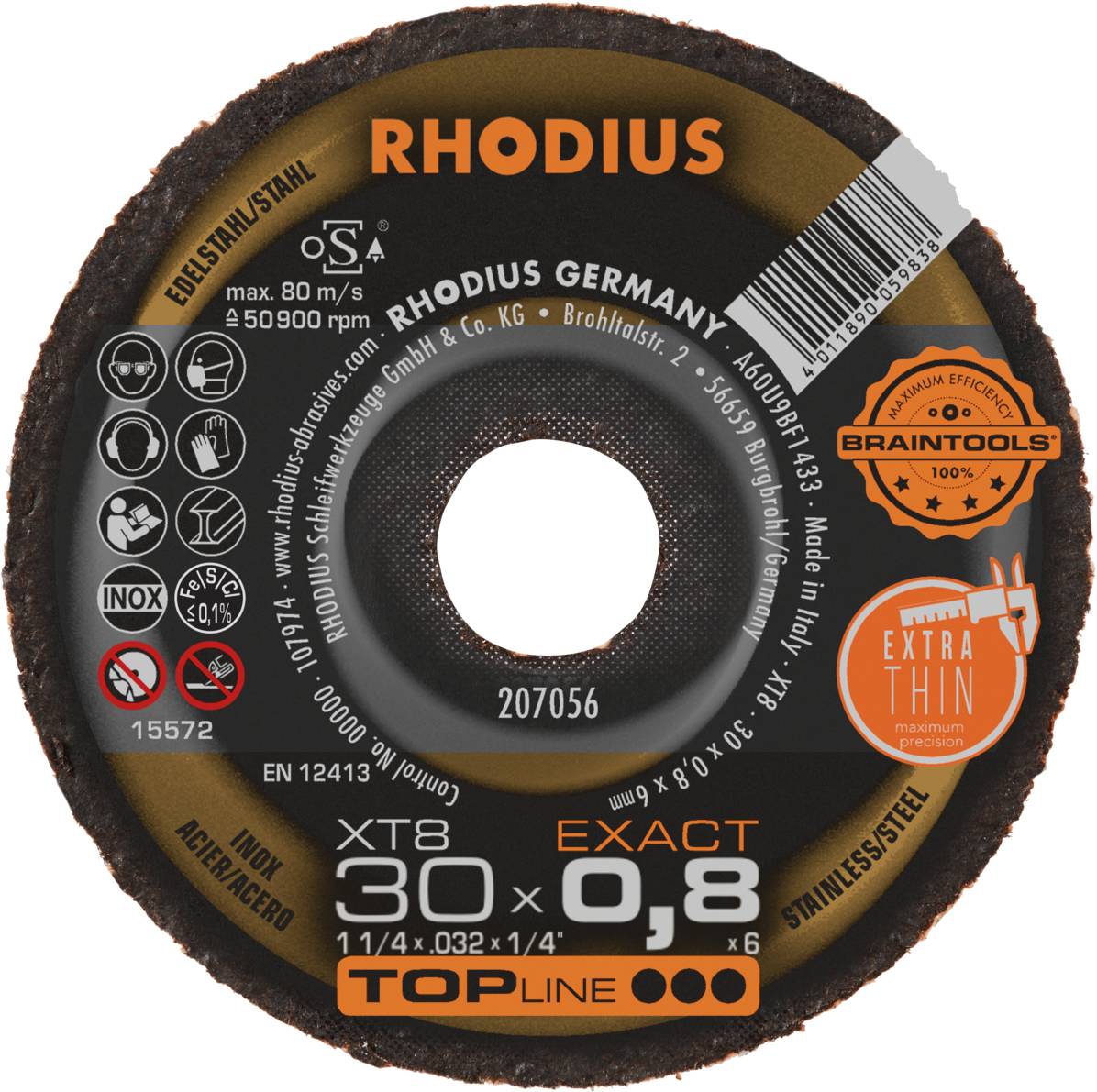 A RHODIUS grinding disc, model XT8 EXACT 0.8 for stainless steel. Contains symbols for safety and material instructions.