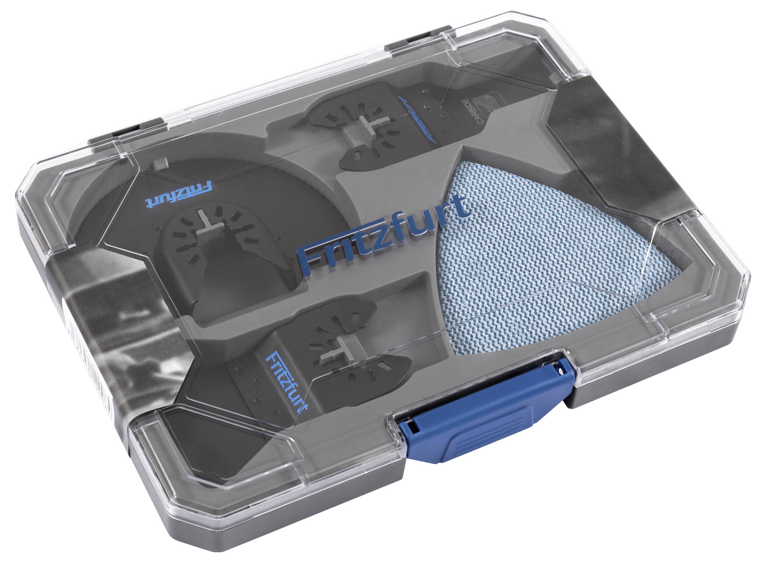 A clear plastic tool case displaying various black circular saw blades and a blue textured cloth labeled 'Fritzfurt'.