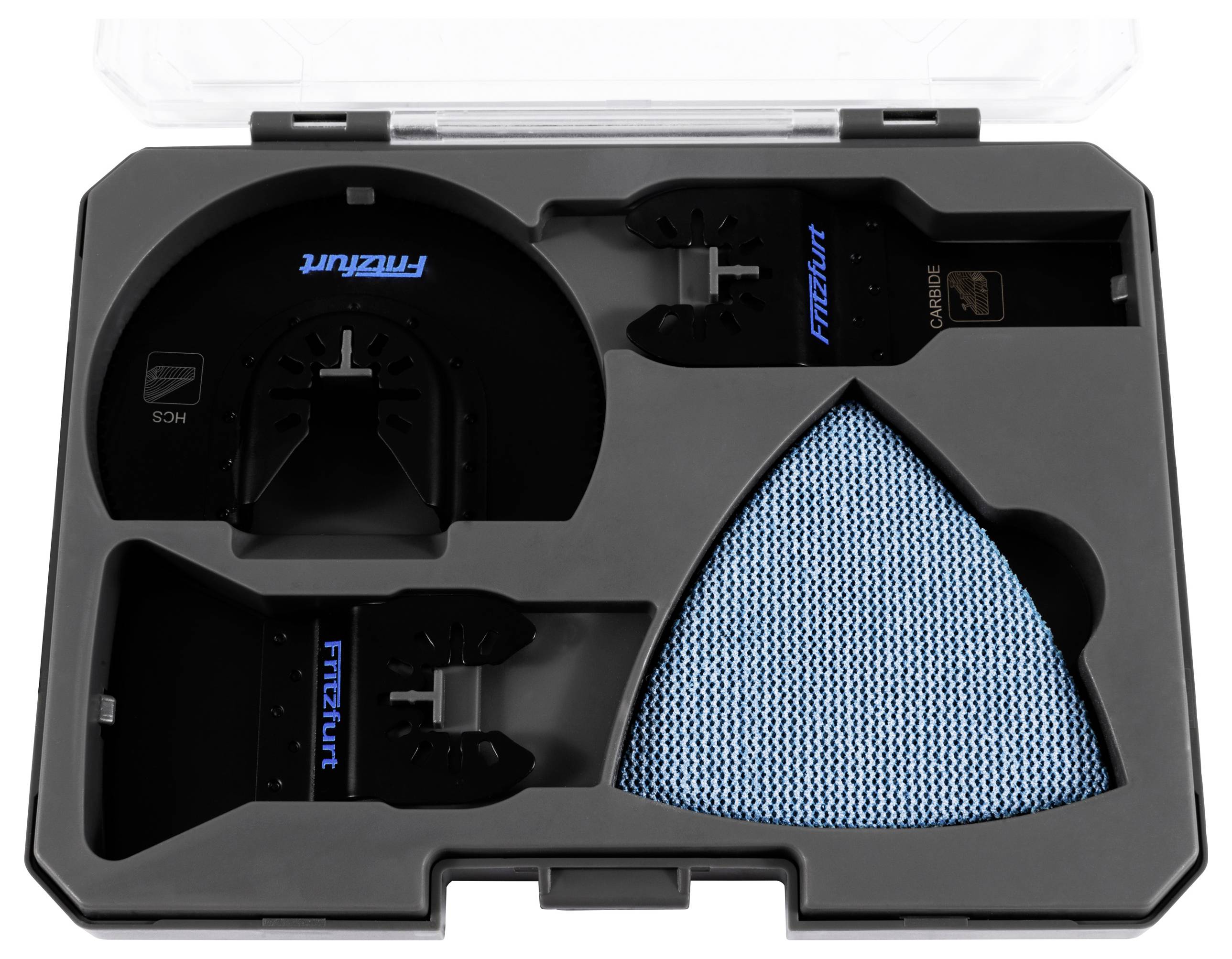 A black plastic case containing several black tools and a blue textured item, arranged in dedicated compartments, with a transparent lid.