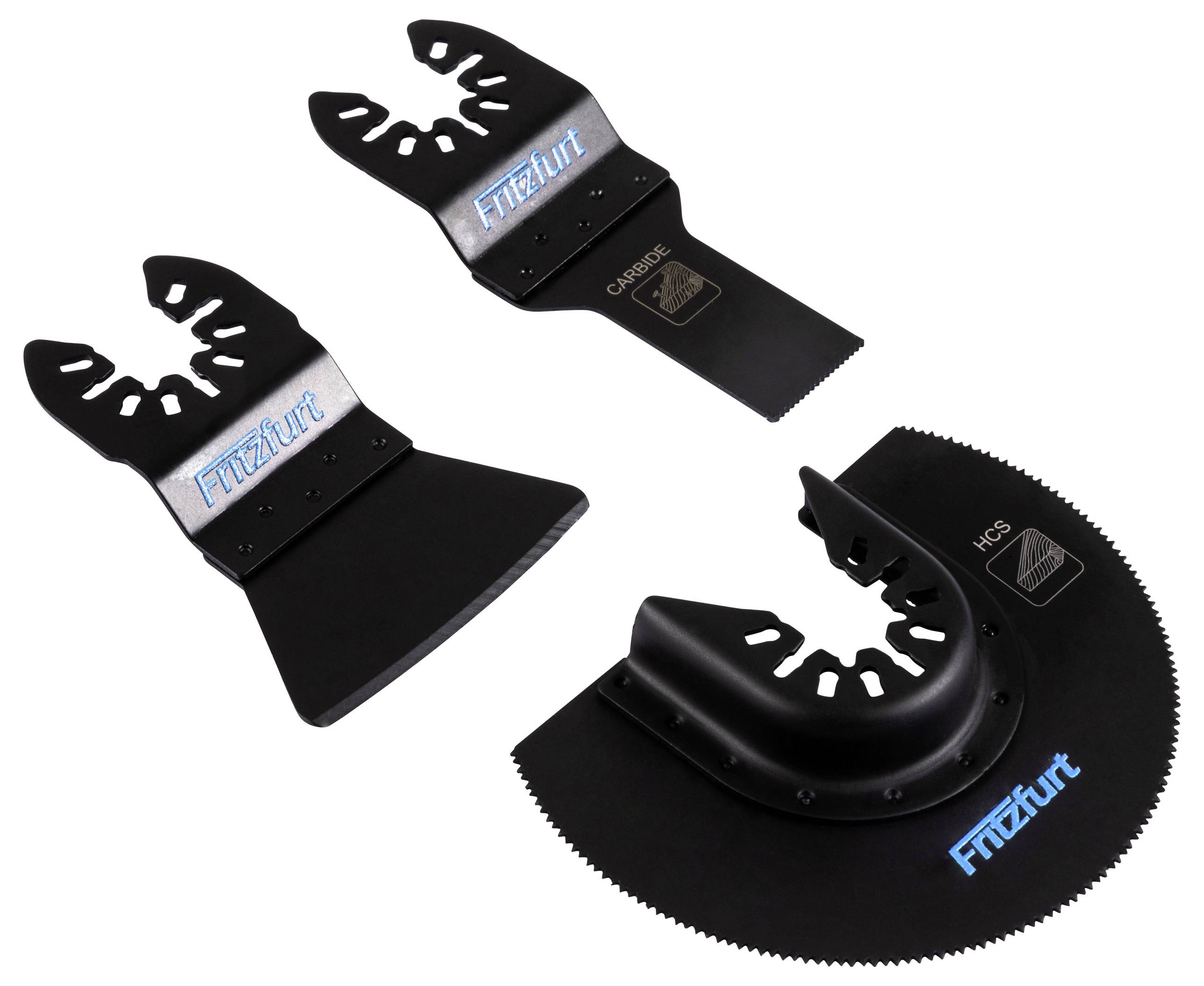 Three black oscillating tool blades with the brand name 'Frankfurt' in blue text. Each blade has a distinct shape for varied cutting tasks.