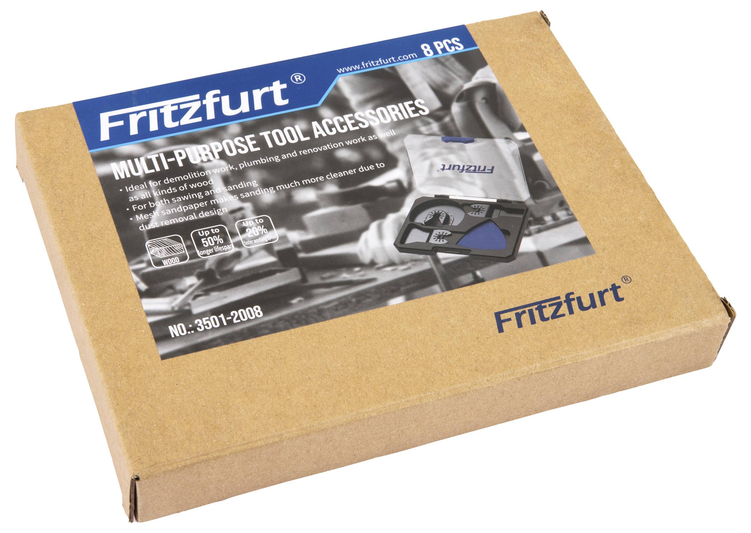 Box of 'Multi-Purpose Tool Accessories' labeled 'Fritzfurt 8 PCS', with a picture of tools and text about improving work efficiency.