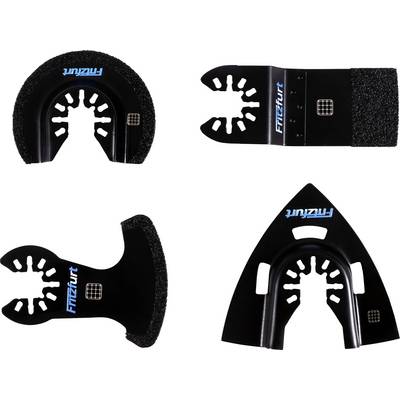 A set of four black oscillating multi-tool saw blades on a white background, each with unique tooth patterns and 'Fitzfurt' branding.