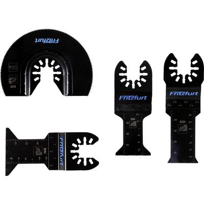 Set of four black saw blades with 'Fritzfurt' label, designed for oscillating tools, in various shapes including semicircular and straight edges.
