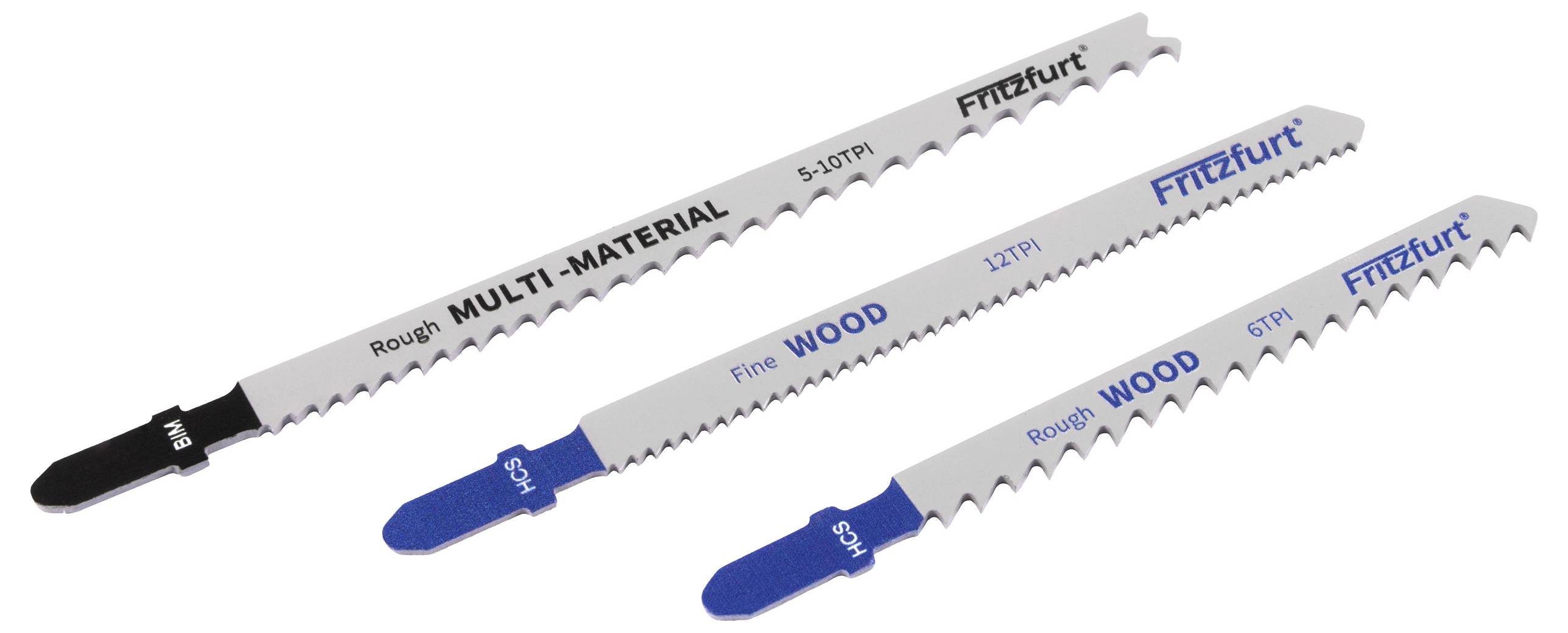Three saw blades labeled 'Multi-Material', 'Fine Wood', and 'Rough Wood' in various sizes and teeth patterns, designed for different cutting tasks.
