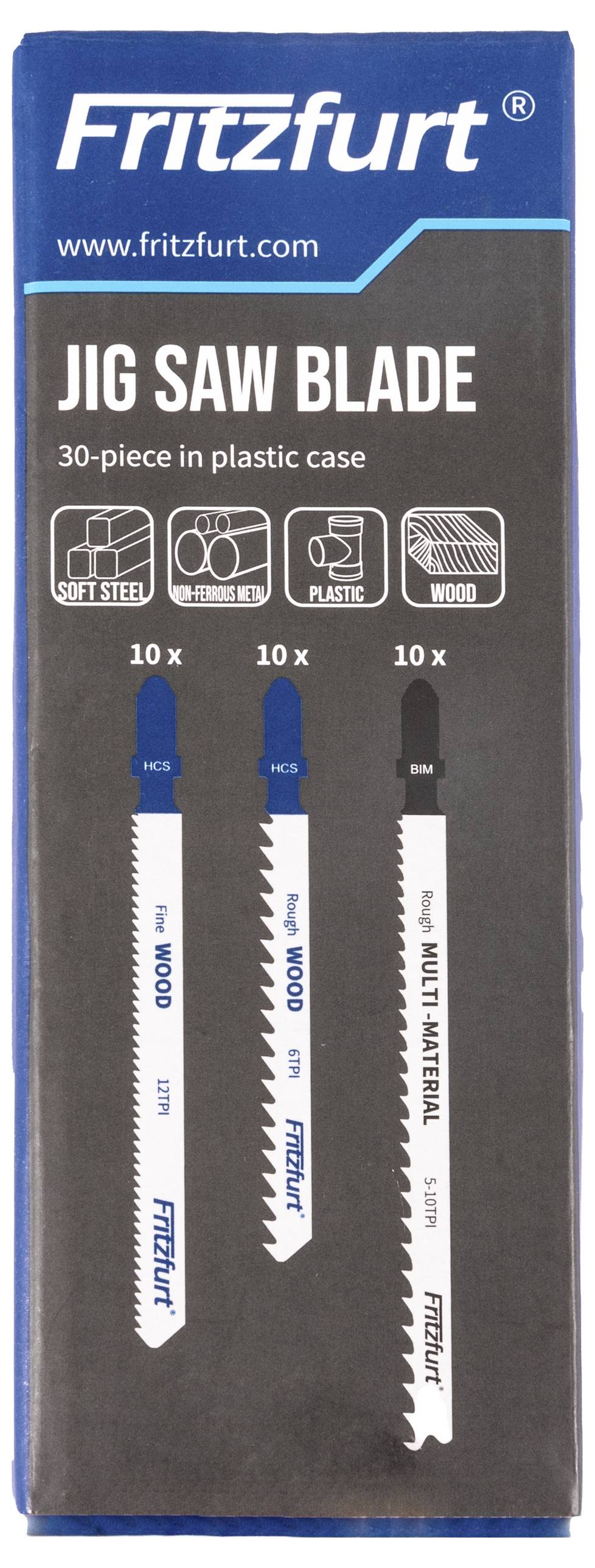 'Fritzfurt Jig Saw Blade' package showing 30-piece set in plastic case. Includes blades for soft steel, wood, and multi-material.