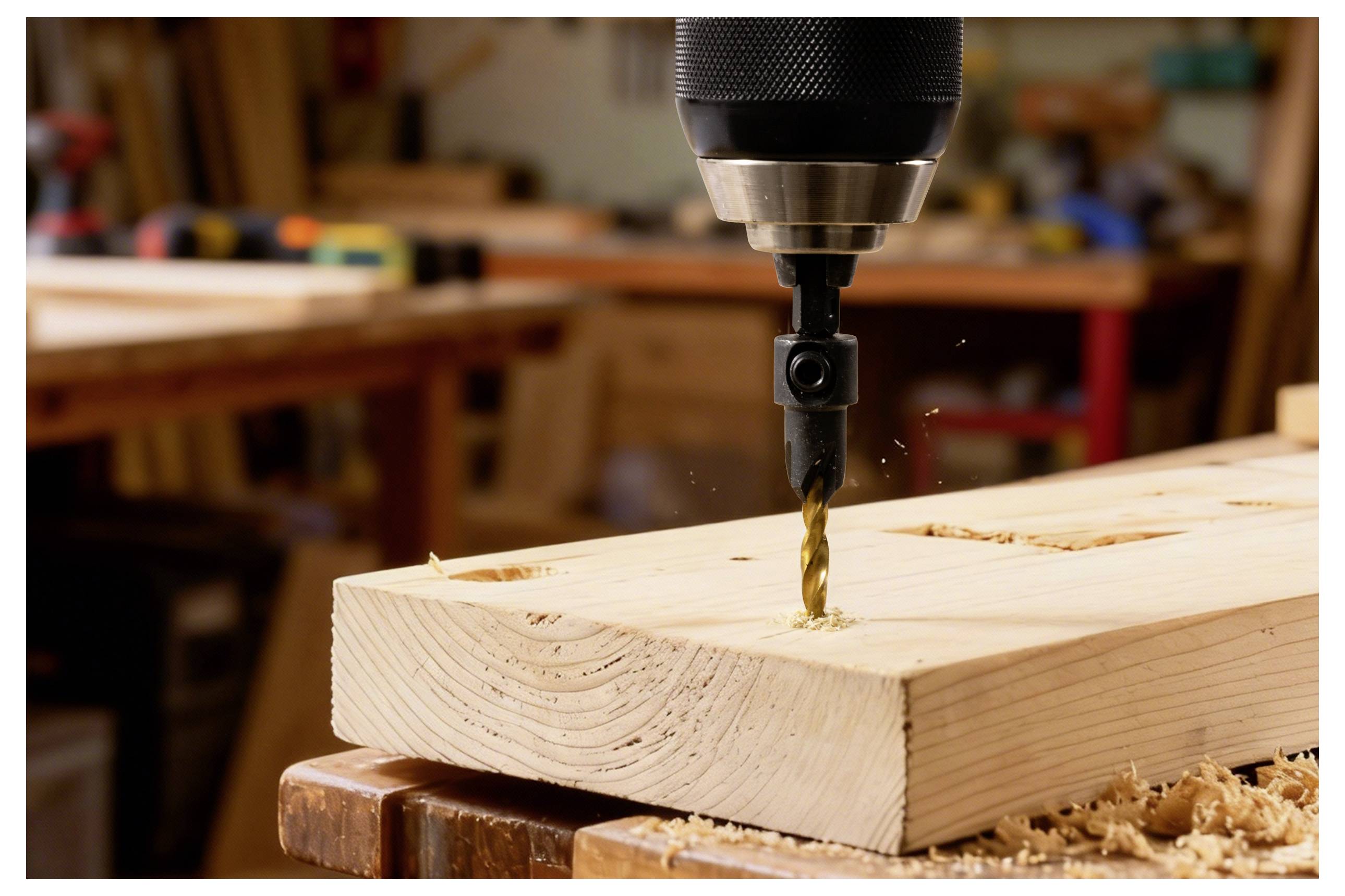 A close-up of a power drill creating holes in a wooden plank on a workbench, with wood shavings scattered around.