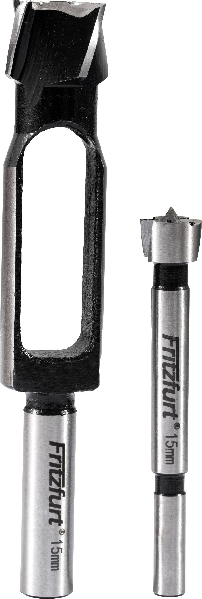 Two silver and black drill bits labeled 'Fritzurt 15mm', one with an open side, designed for precise wood drilling.