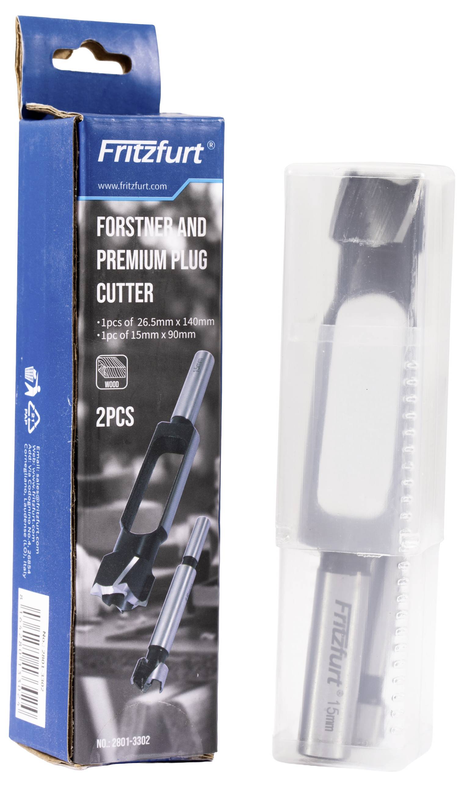 'Fritzfurt Forstner and Premium Plug Cutter Set' packaging showing two metallic tools in sizes 26.5mm x 140mm and 15mm x 90mm.