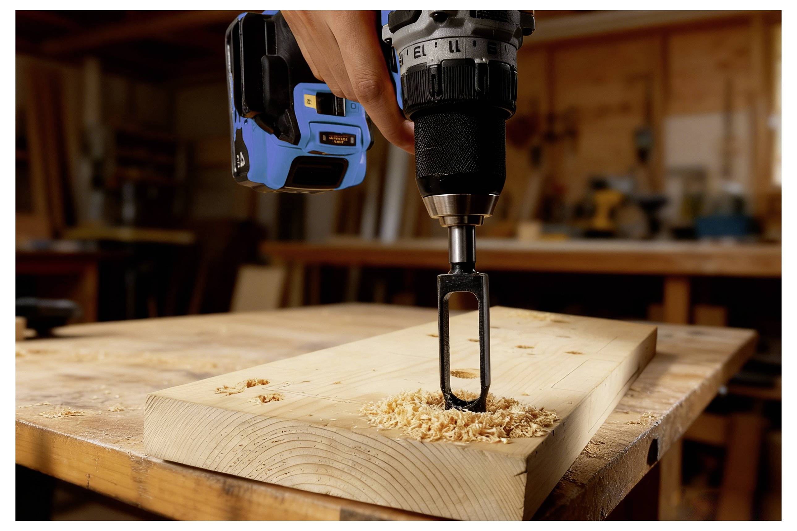 A power drill is being used to bore a hole in a wooden plank on a workbench. Wood shavings are scattered, indicating ongoing work.