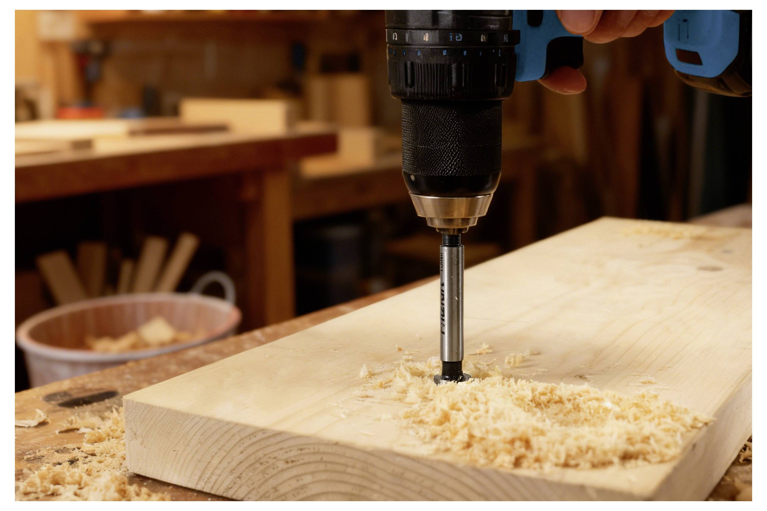 A close-up of a drill creating a hole in a wooden board, surrounded by wood shavings, in a workshop setting.
