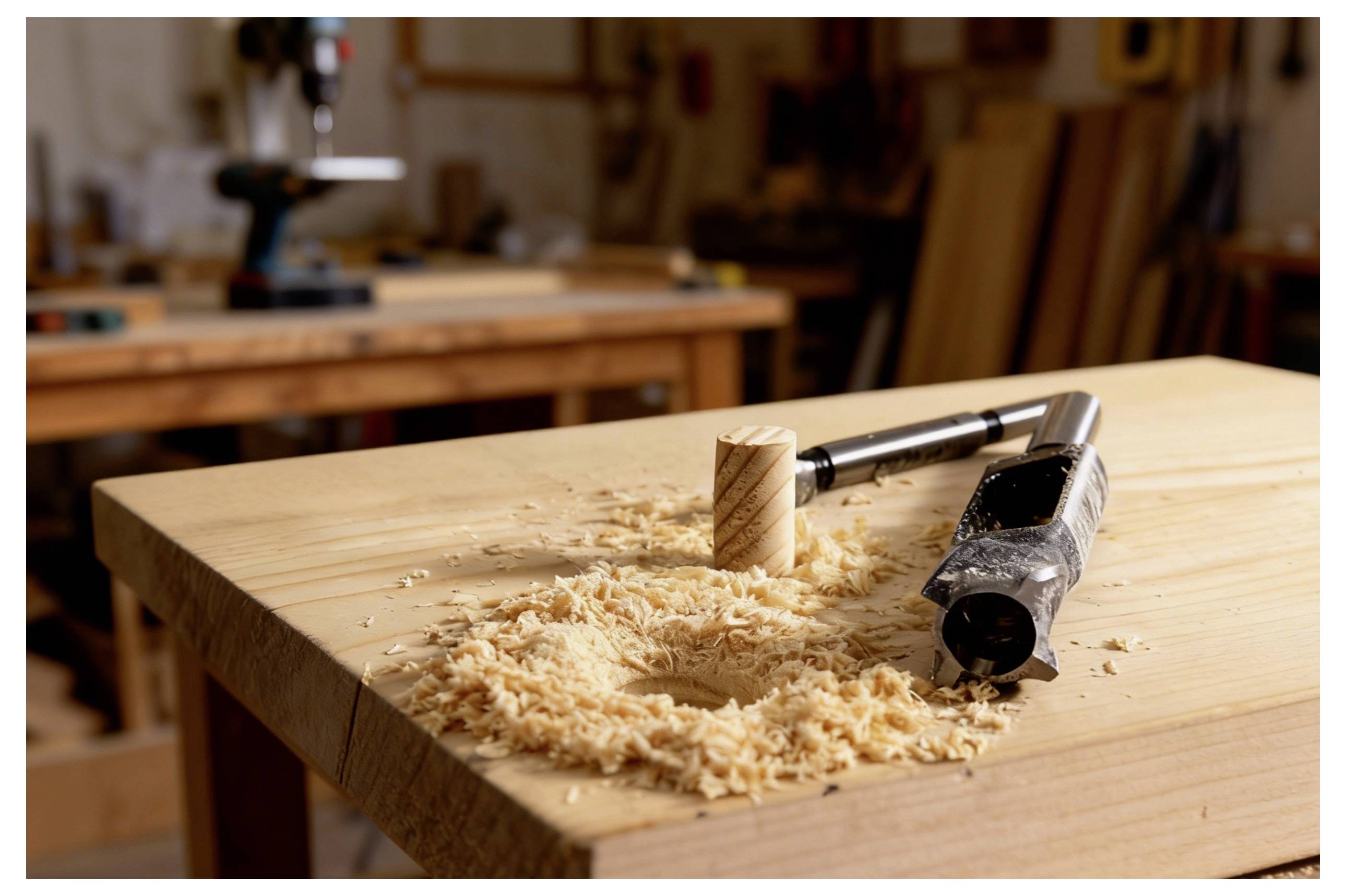 A wooden workbench with a hole cutter and wood shavings in a workshop, suggesting active woodworking or carpentry.