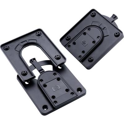 Two black plastic mounting brackets on a white background, each with multiple screw holes, suggesting adaptable mounting options.