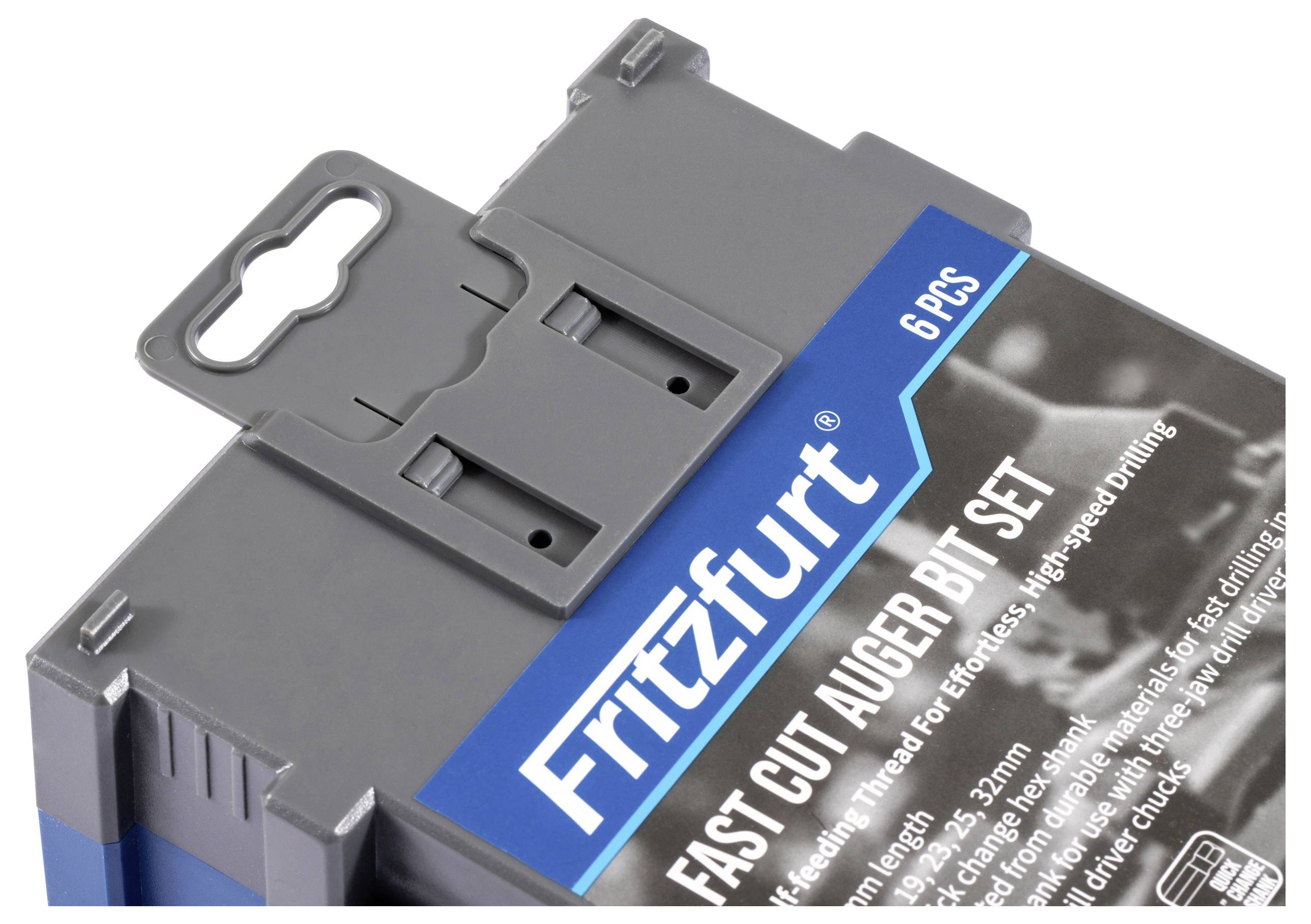 'Fritzfurt Fast Cut Auger Bit Set' package showing 6 pieces, labeled sizes from 16 to 32mm, designed for efficient, high-speed drilling.