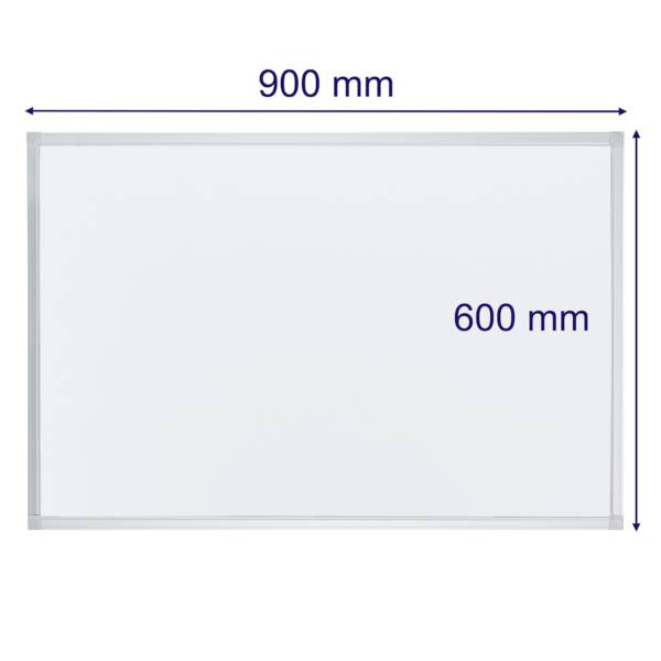Rectangular whiteboard, dimensions 900 mm x 600 mm, with grey frame.