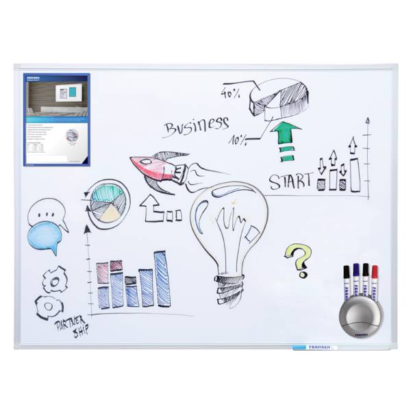 'Whiteboard with sketches: lightbulb, graphs, speech bubbles, start-up and business texts, symbols and arrows representing growth.'