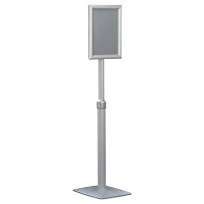 Silver-coloured display stand with adjustable frame, suitable for posters or information, free-standing on a square base.
