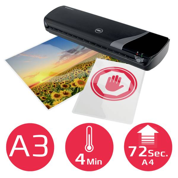 A laminating machine with sunny landscape photographs, stop sign film, 72 sec A4 laminating time, suitable for A3; warm-up time 4 mins