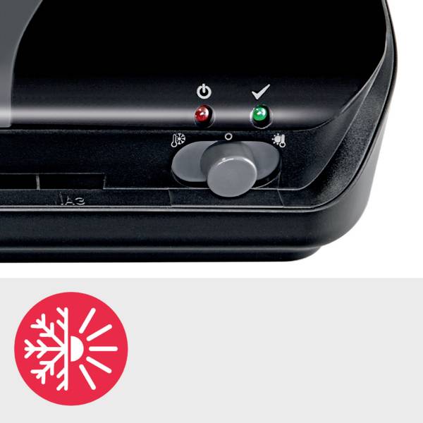 A household appliance with buttons and lights for controlling on/off functions. A symbol at the bottom shows a sun and a snowflake.