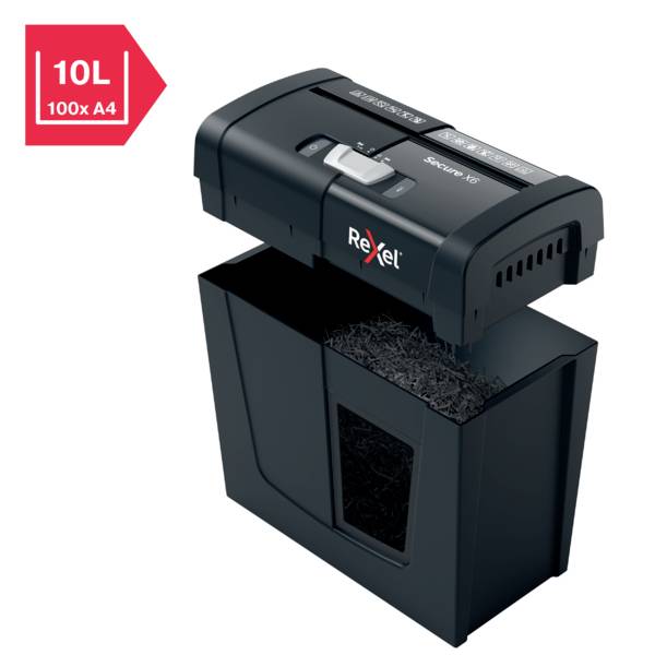 A black Rexel paper shredder with a 10-litre waste bin, suitable for 100 A4 sheets. A variety of paper pieces are visible in the container.