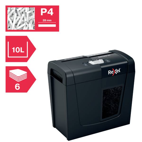 Electric paper shredder by Rexel, Model P4, 10-litre bin, cuts up to 6 sheets simultaneously into 28 mm strips.