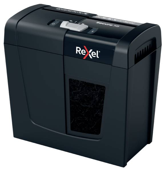 A black paper shredder by Rexel, model Secure X6, suitable for destroying sensitive documents in the office or at home.