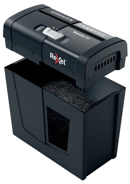 A black paper shredder with a viewing window and shredded paper in the collection bin. The device is suitable for secure document destruction.