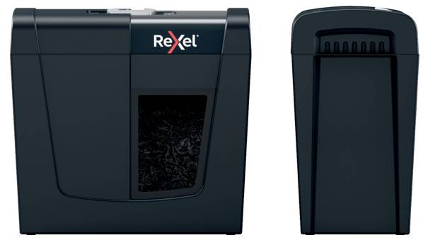 Electric paper shredder with a black casing and viewing window, filled with shredded paper, positioned next to a waste bin.