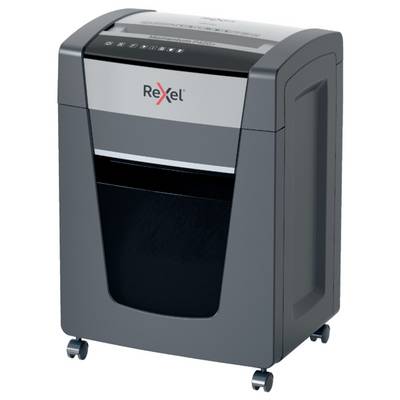 Paper shredder in grey with a black waste bin and four castors, suitable for office or professional use.