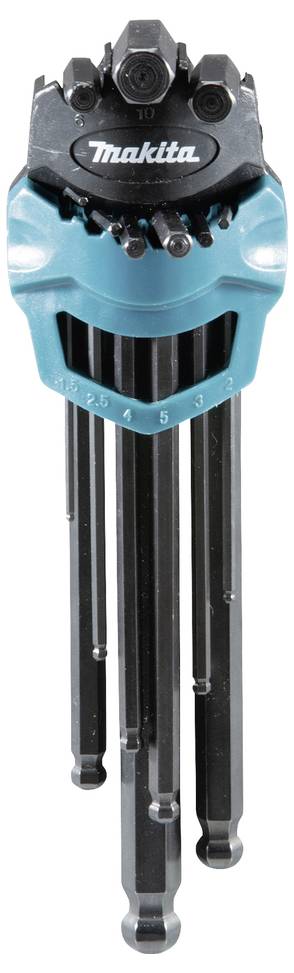 'Makita' hex wrenches set standing upright, showcasing its compact design with multiple hex keys extending from a central unit.